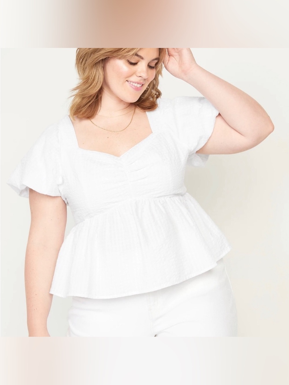 Old Navy White Puff-Sleeve Smocked Seersucker Babydoll Swing Blouse Size 2X NWT